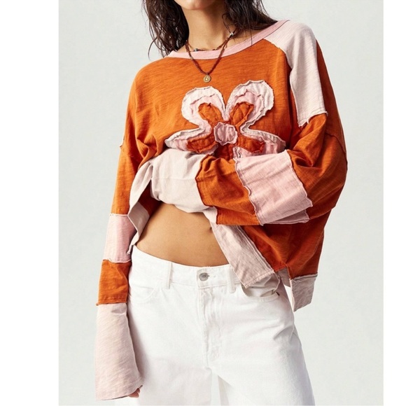 Boho Color Block Floral Patch Reverse Stitch Oversized Long Sleeve Top S M L XL - Picture 3 of 5